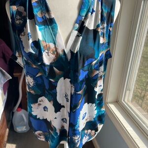Calvin Klein Floral V-Neck Blouse - Blue and White